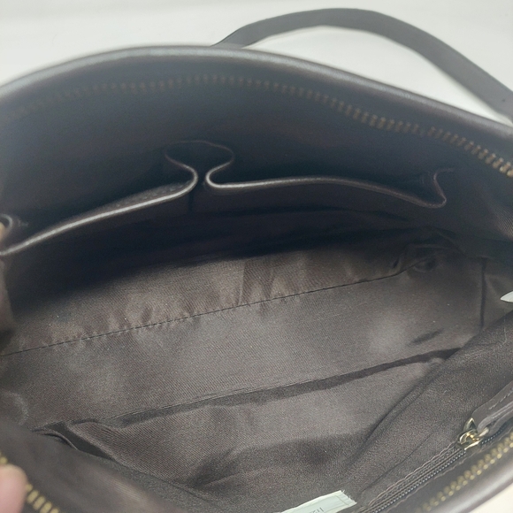 Liz Claiborne Vintage Y2K Tan Canvas Geometric Print Black Leather Shoulder Bag - Picture 12 of 14